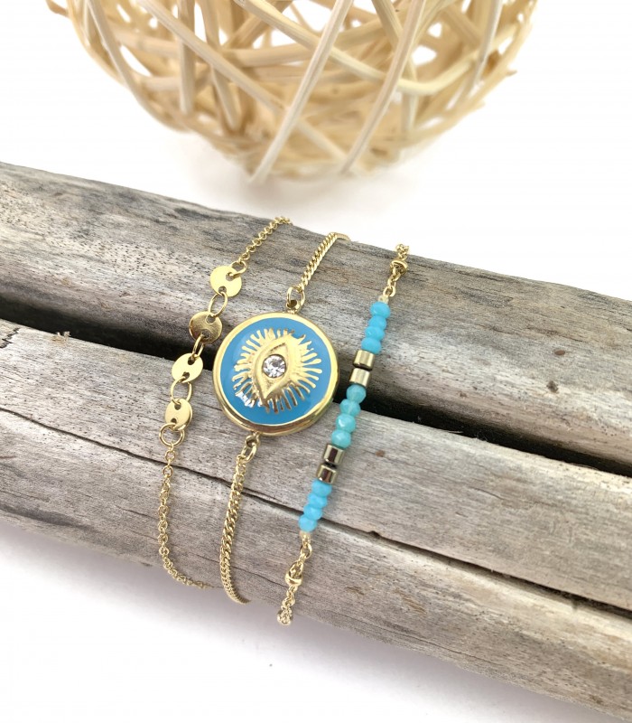 Bracelet 3 rangs - motif oeil et petites pierres en acier chirurgical 316L doré à l'or fin 18K Bleu