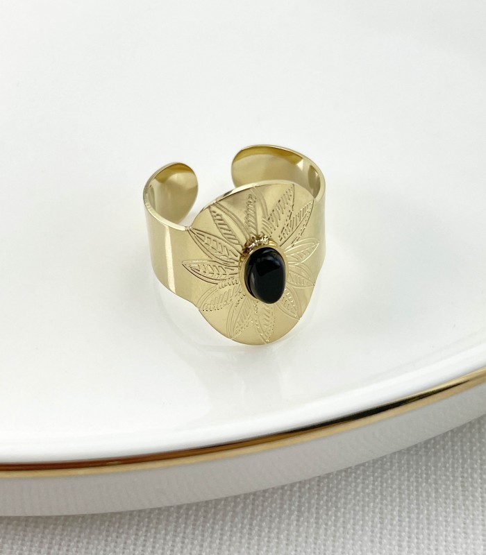 Bague fleur onyx - Acier chirurgical