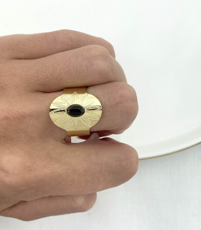 Bague fleur onyx - Acier chirurgical
