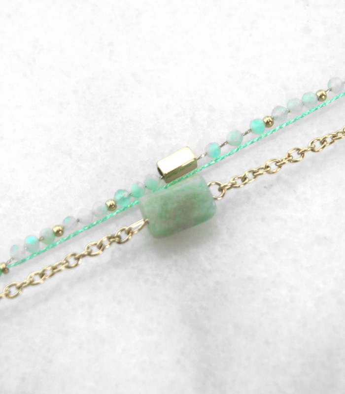 Bracelet multi-rangs - Chaîne Pierre Amazonite Taillée et Tissu