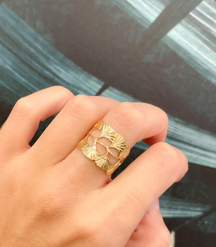 Bague ajustable motifs Gingko - acier inoxydable