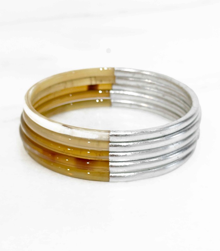 Bracelet corne véritable avec feuilles d'argent - Actuel diffusion - grossiste bijoux - fournisseur bijoux fantaisie
