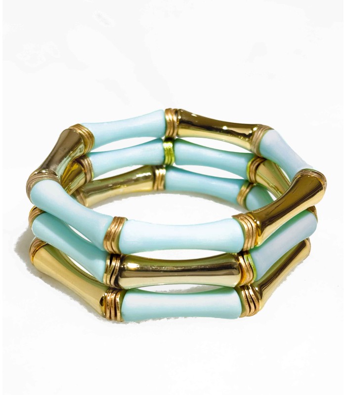Bracelet Acrylique Façon Bambou sur élastique - Bleu clair & Doré