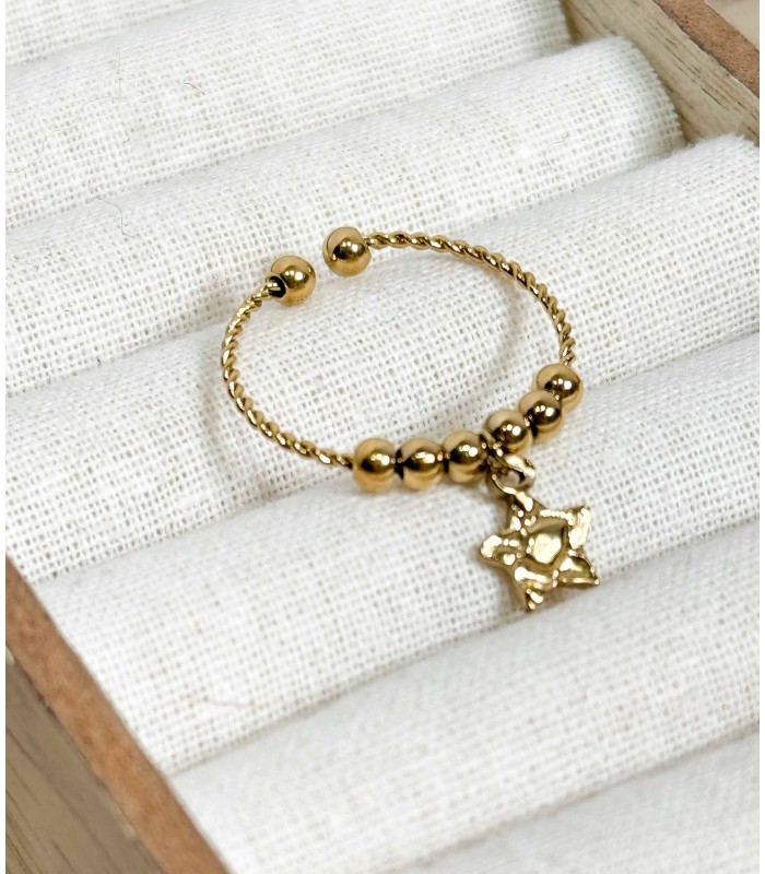 bague fine en acier inoxydable - billes et étoile - breloque - ajustable
