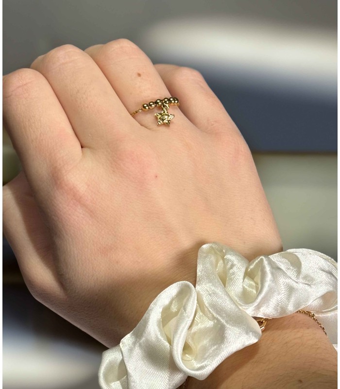 bague fine en acier inoxydable - billes et étoile - breloque - ajustable