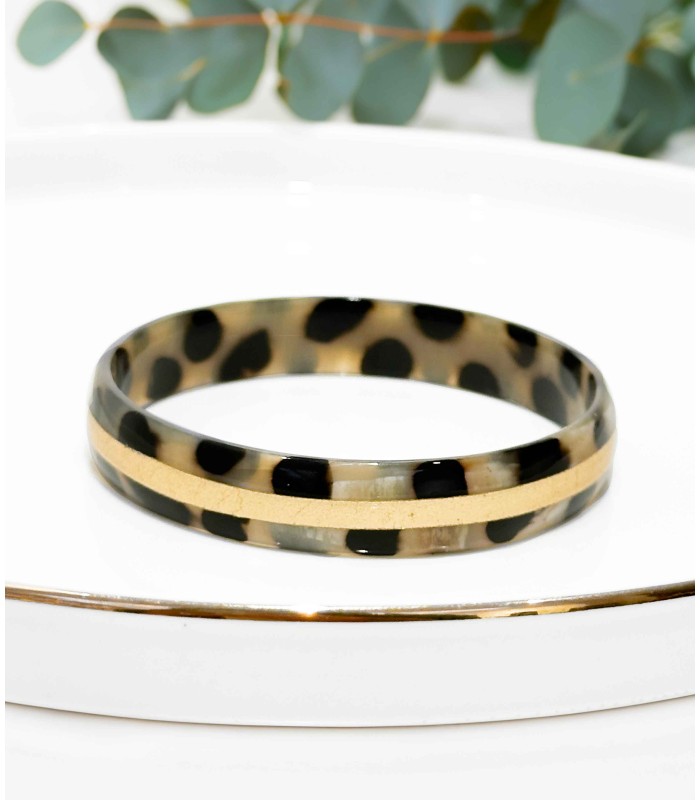 Bracelet léopard et feuilles d'or en corne véritable - 1,2 cm