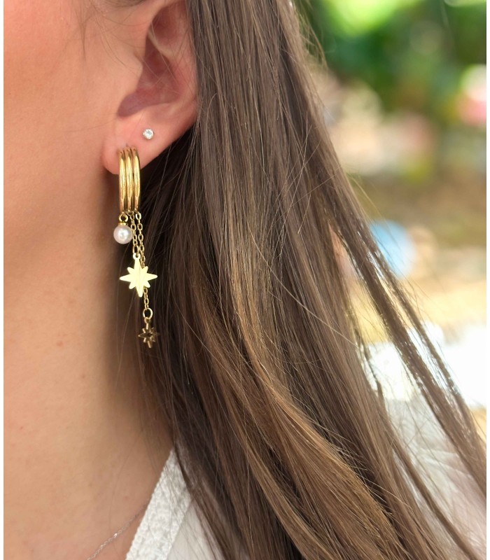 Boucles d'oreilles créoles et pampilles étoiles - Acier inoxydable