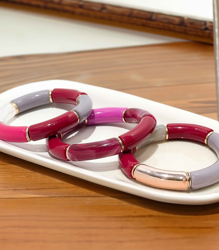 Bracelet tube acrylique sur élastique - Bordeaux & fuchsia
