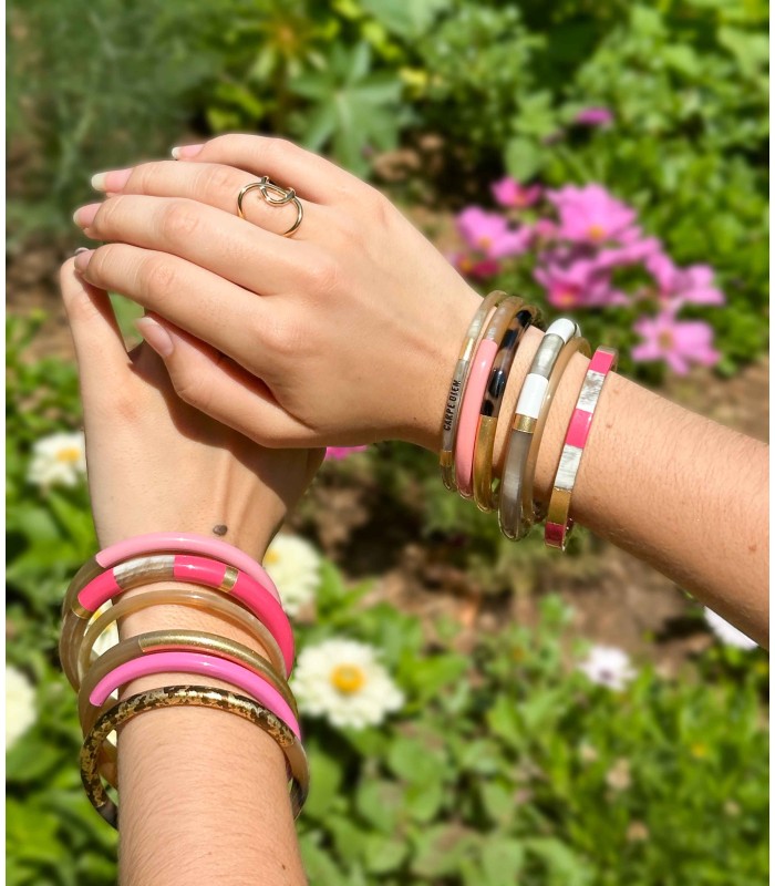 Bracelet coloré vert foncé et feuilles d'or - Corne véritable