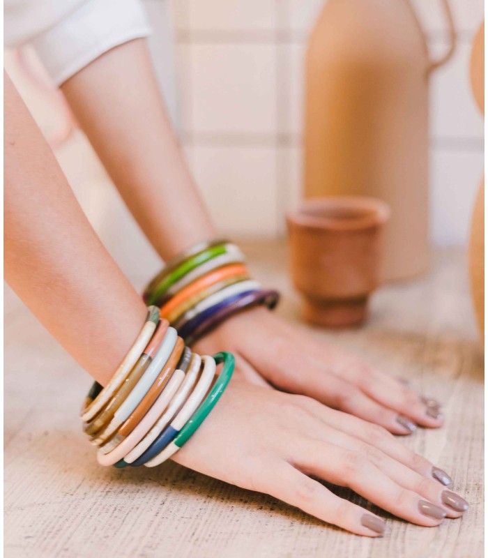 Bracelet coloré terracotta et feuilles d'or - Corne véritable