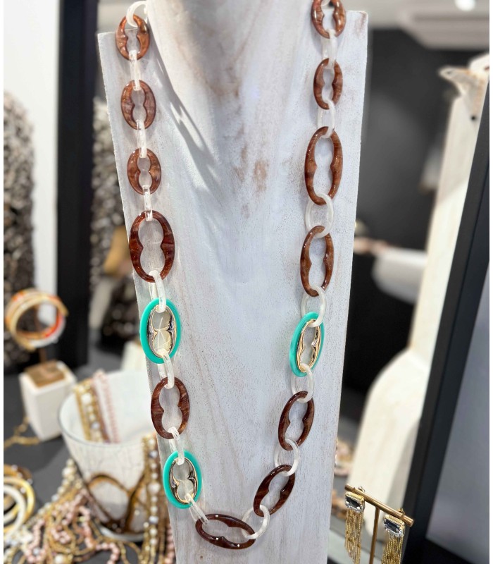 Collier - sautoir - acrylique - turquoise - brillant - marron - actuel diffusion - grossiste
