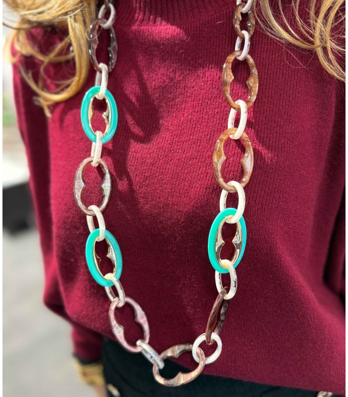 Collier - sautoir - acrylique - turquoise - brillant - marron - actuel diffusion - grossiste
