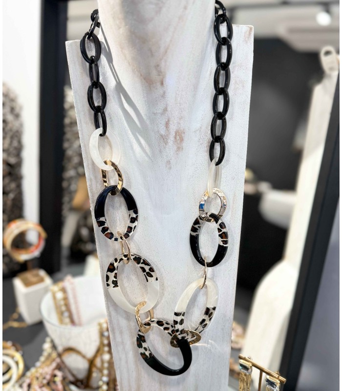 Collier - sautoir - acrylique - noir - mi blanc nacré - acier doré - léopard - actuel diffusion - grossiste
