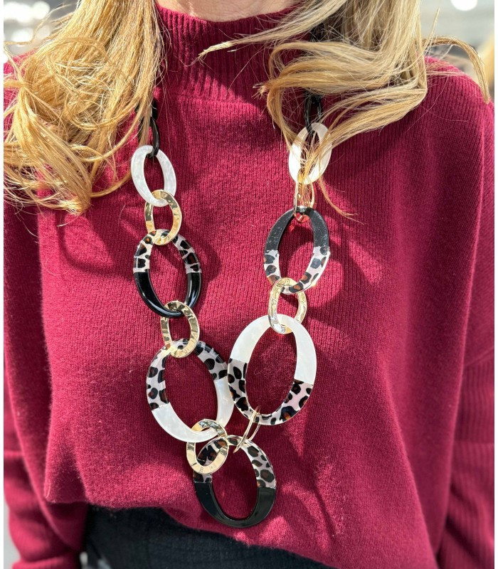 Collier - sautoir - acrylique - noir - mi blanc nacré - acier doré - léopard - actuel diffusion - grossiste