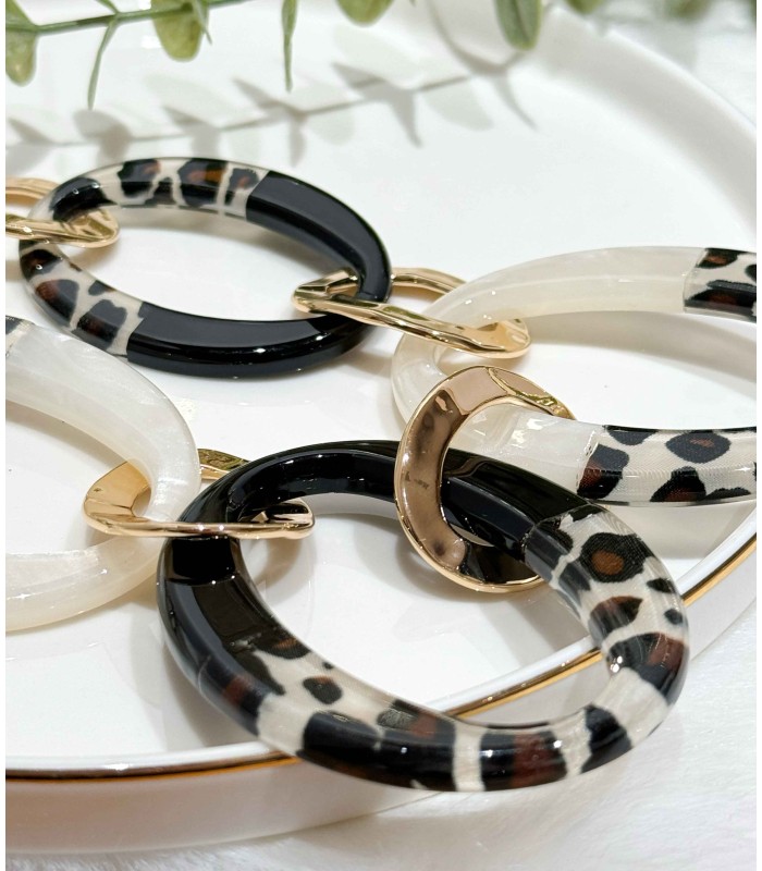 Collier - sautoir - acrylique - noir - mi blanc nacré - acier doré - léopard - actuel diffusion - grossiste