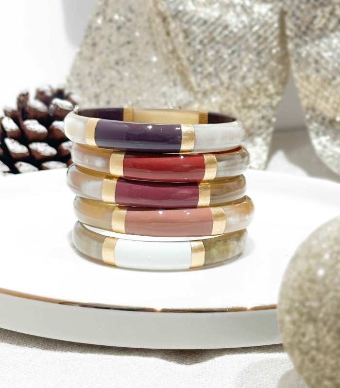 Bracelet Vieux mauve feuilles d'or en corne véritable - 1,2 cm