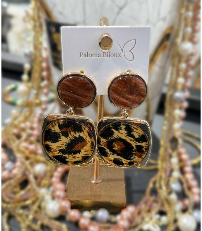Boucles d'oreilles - acrylique - marron nacré - brillant - léopard - acier doré - grossiste