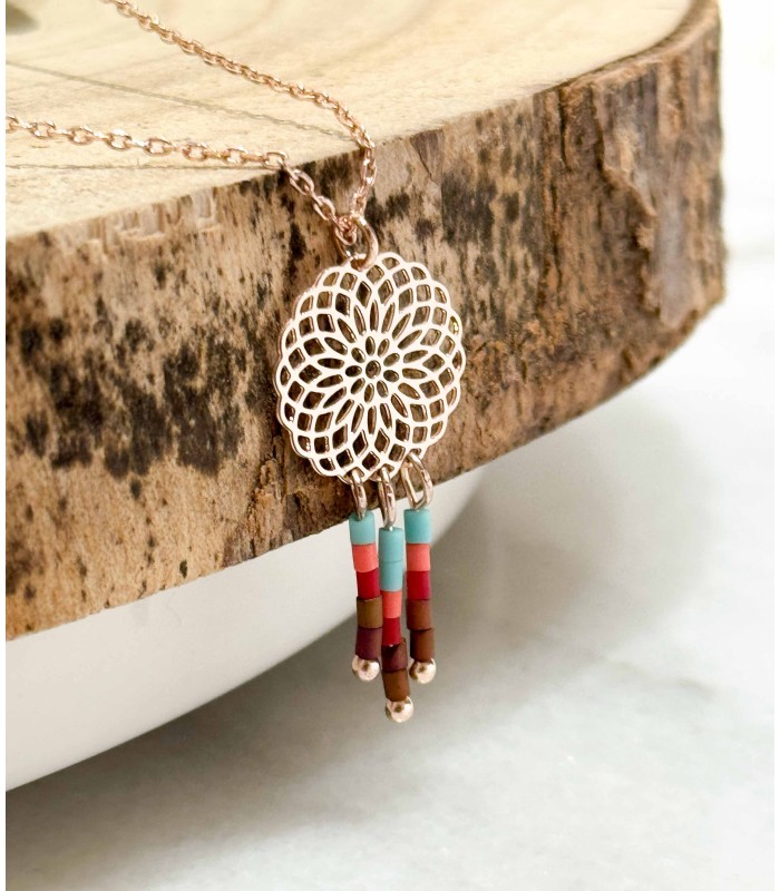 Collier - mandala - perles - couleurs - laiton - bleu - marron - corail - grossiste - promo - petit prix - Miyuki