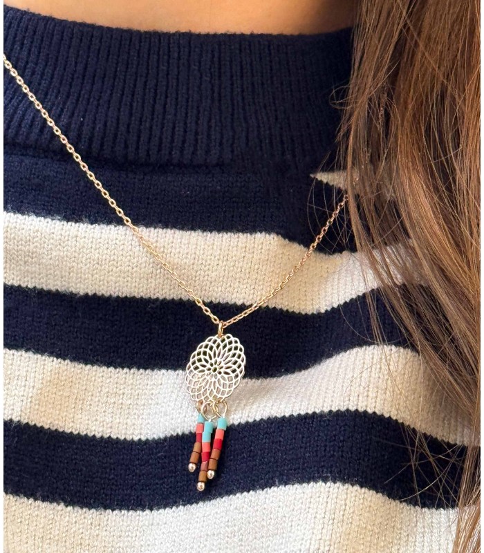 Collier - mandala - perles - couleurs - laiton - bleu - marron - corail - grossiste - promo - petit prix - Miyuki