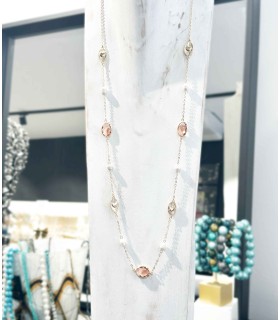 Sautoir verre teinté rose - Laiton