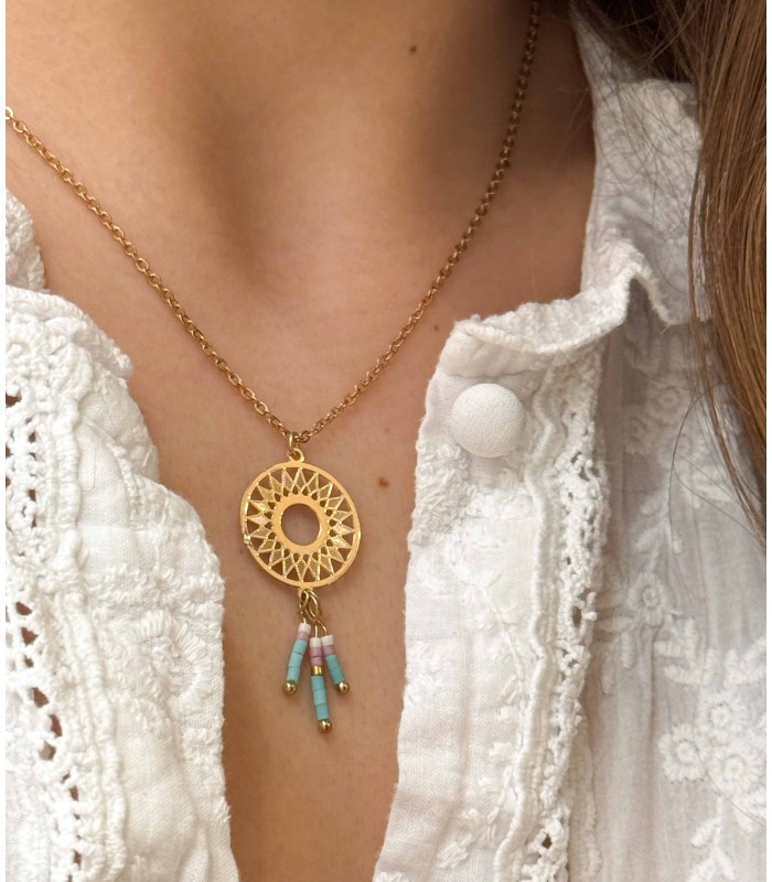 Collier - mandala - perles - couleurs - laiton - bleu - rose - grossiste - promo - petit prix - Miyuki