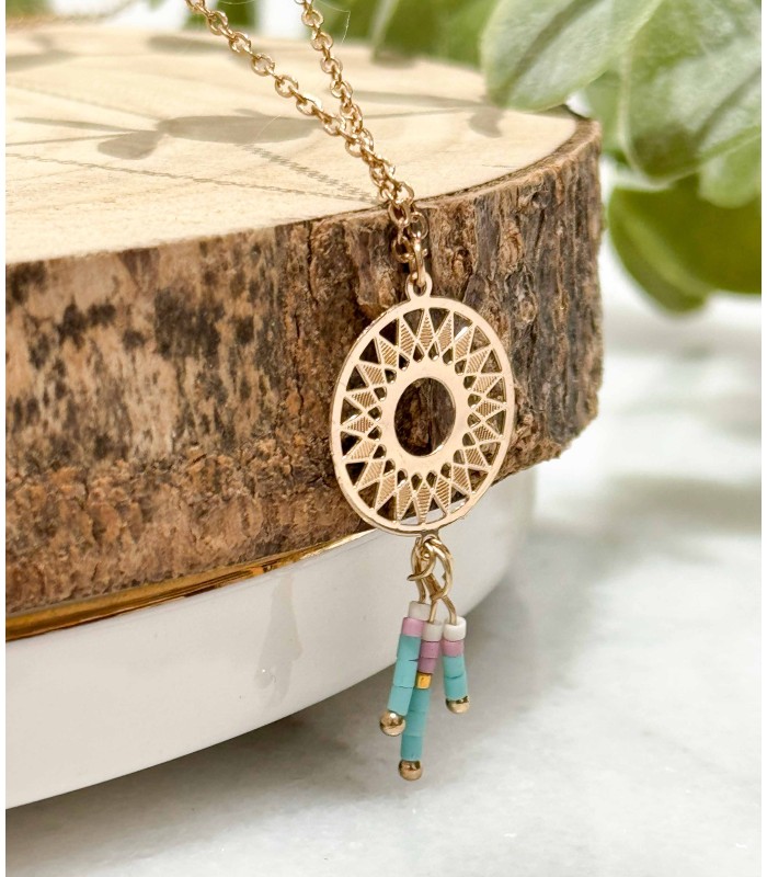Collier - mandala - perles - couleurs - laiton - bleu - rose - grossiste - promo - petit prix - Miyuki