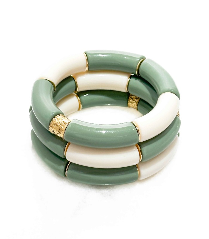 Bracelet tube acrylique sur élastique - Vert sauge et crème