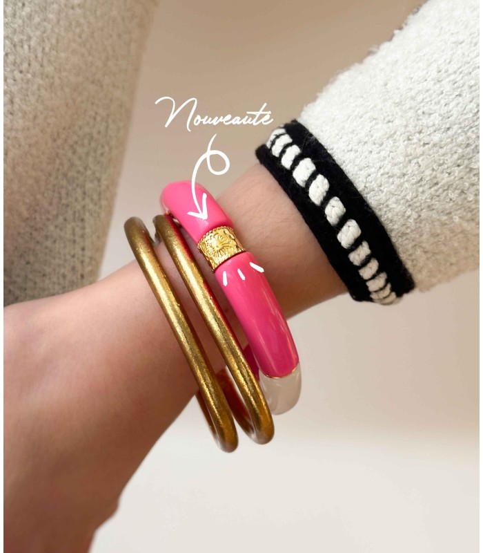 Bracelet tube acrylique sur élastique - Vert sauge et feuilles d'or
