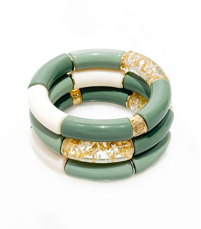 Bracelet tube acrylique sur élastique - Vert sauge et feuilles d'or