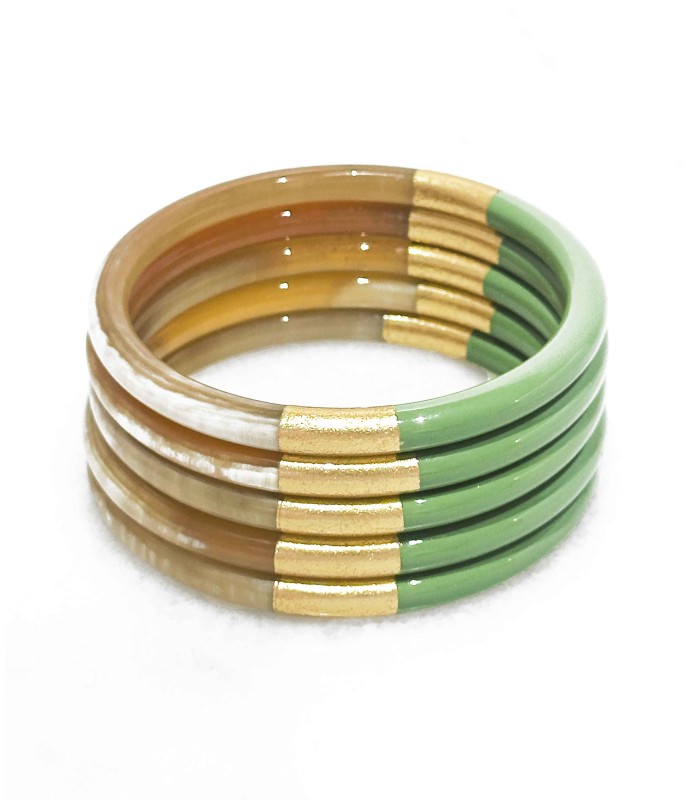 Bracelet coloré Vert et feuilles d'or - Corne véritable