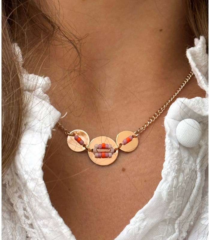 Collier - laiton rosé - perles - rose - orange - petit prix - promo - pendentif - grossiste bijoux - Lyon