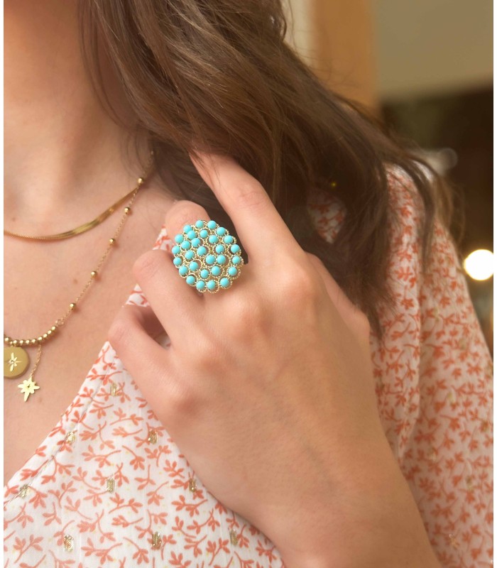 Bague pierres naturelles - laiton 18K - Turquoise magnésite - Ajustable - Actuel Diffusion