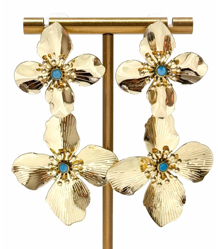 Boucles d'oreilles - fleur - laiton - perle bleu - marguerite - actuel diffusion - petit prix - grossiste - promo