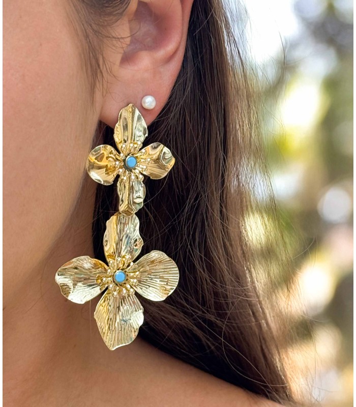 Boucles d'oreilles - fleur - laiton - perle bleu - marguerite - actuel diffusion - petit prix - grossiste - promo