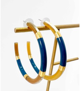 Créoles en corne véritable et feuilles d'or - Bleu