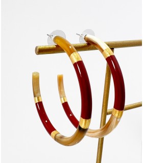 Créoles en corne véritable et feuilles d'or - Bordeaux