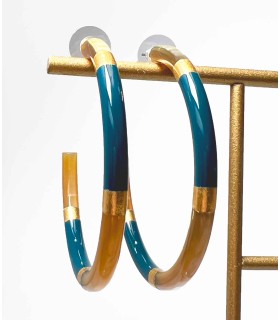 Créoles en corne véritable et feuilles d'or - Bleu canard