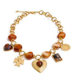 Collier Charms Pierres Ambré Doré – Acier Inoxydable 316L