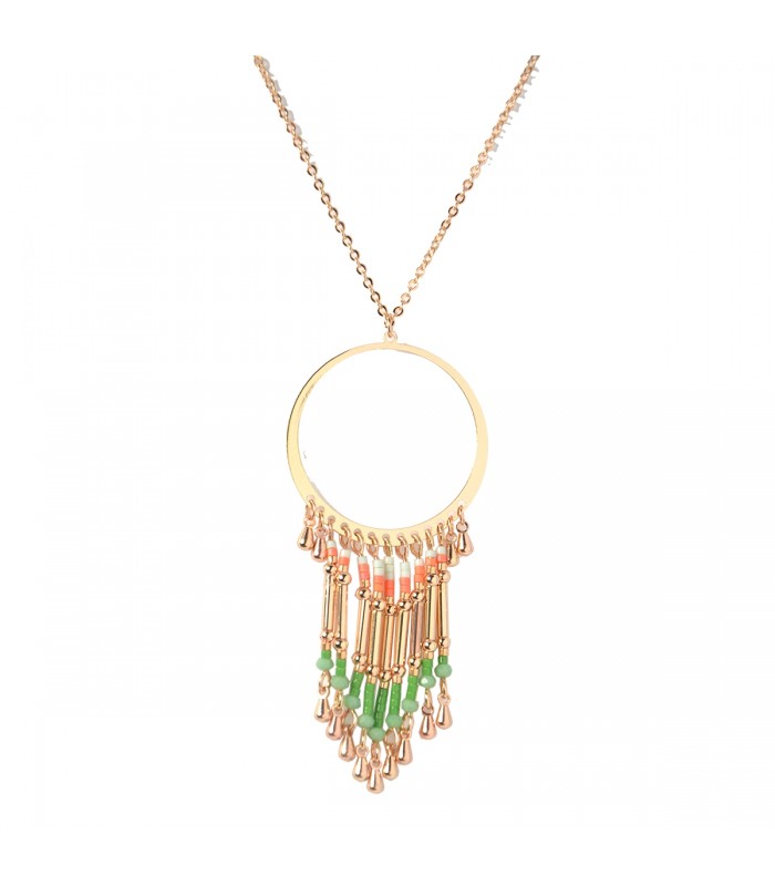 Collier Long Sautoir Pendentifs Pendant Perles - Vert/Orange