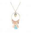 Collier Long Sautoir Pendentif Pompom et Plumes - Bleu/Écru