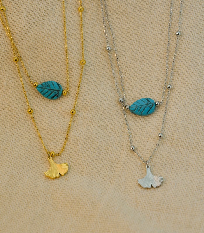 Collier Sautoir Double Brins Acier Chirurgical 316L - Pendentif Ginko et Feuilles Turquoises