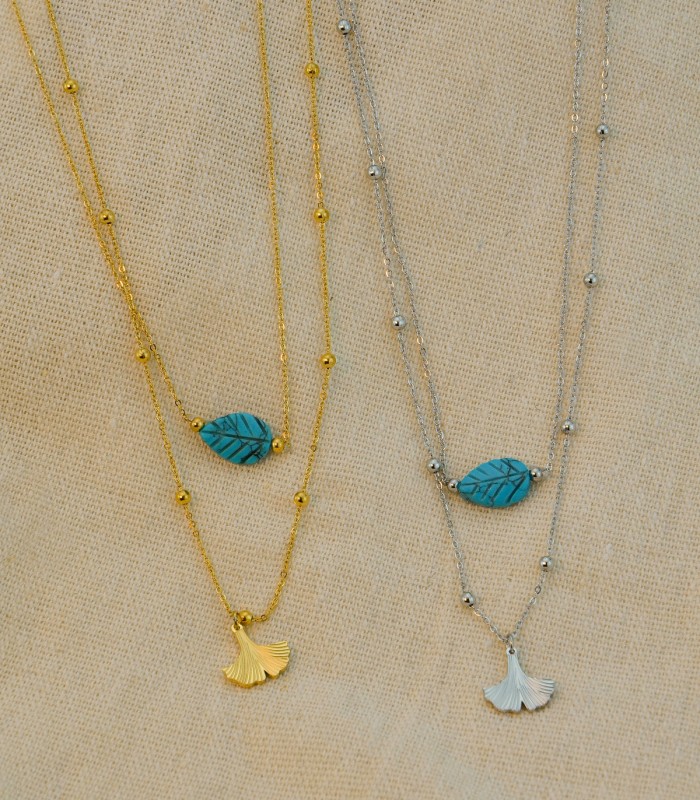 Collier Sautoir Double Brins Acier Chirurgical 316L - Pendentif Ginko et Feuilles Turquoises